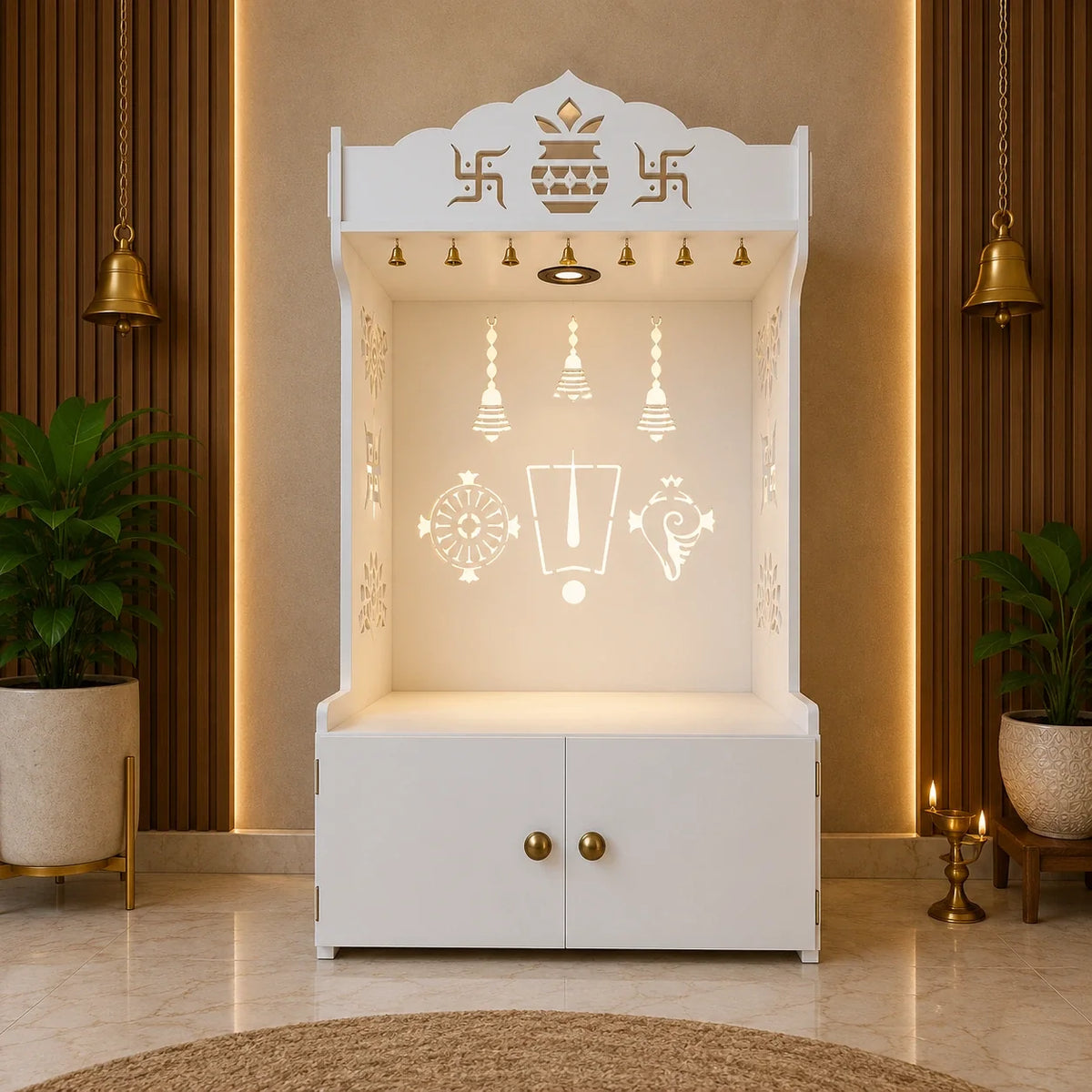 White Wooden Floor Pooja Mandir with Kalash & Swastik Design Laser-Cut Bell Shankh & Chakra Motifs & Storage Cabinet