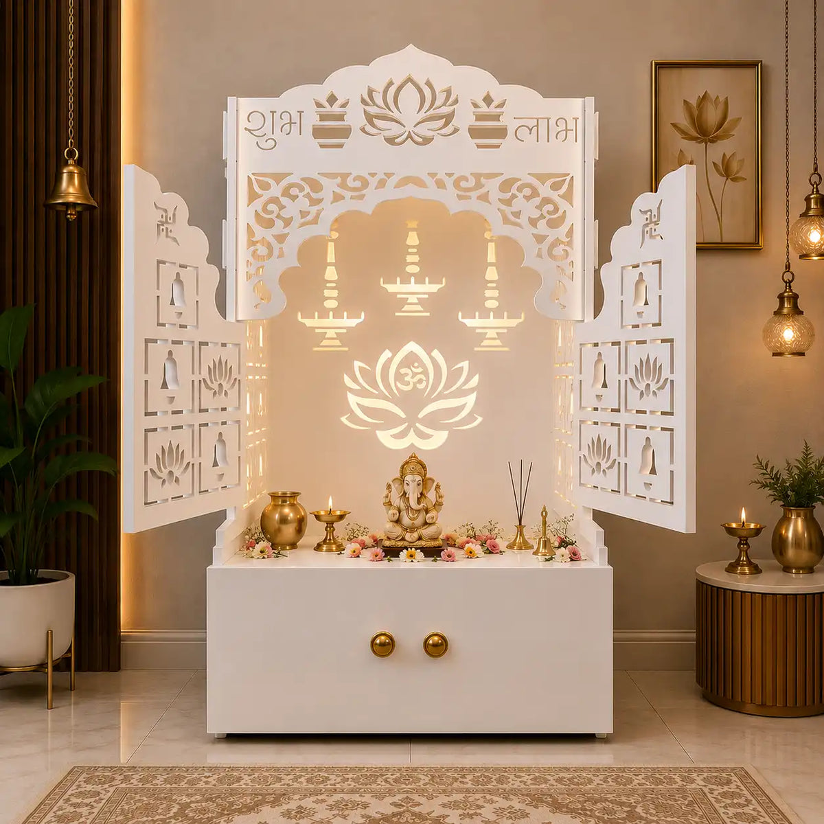 White Wooden Floor Pooja Mandir with Laser-Cut Lotus Om Design, Shubh Labh Motif, Bell Pattern Doors With Cabinet