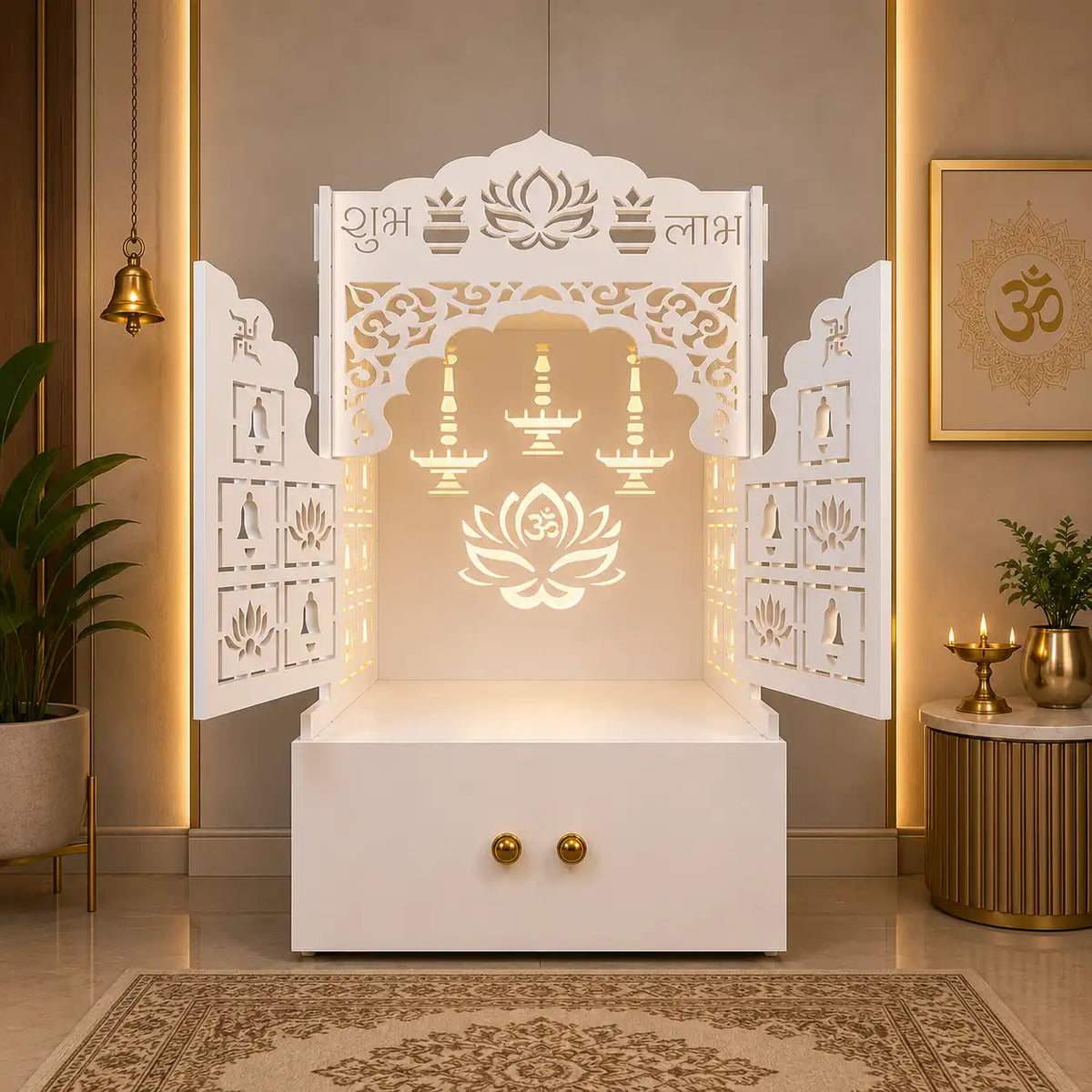 White Wooden Floor Pooja Mandir with Laser-Cut Lotus Om Design, Shubh Labh Motif, Bell Pattern Doors With Cabinet