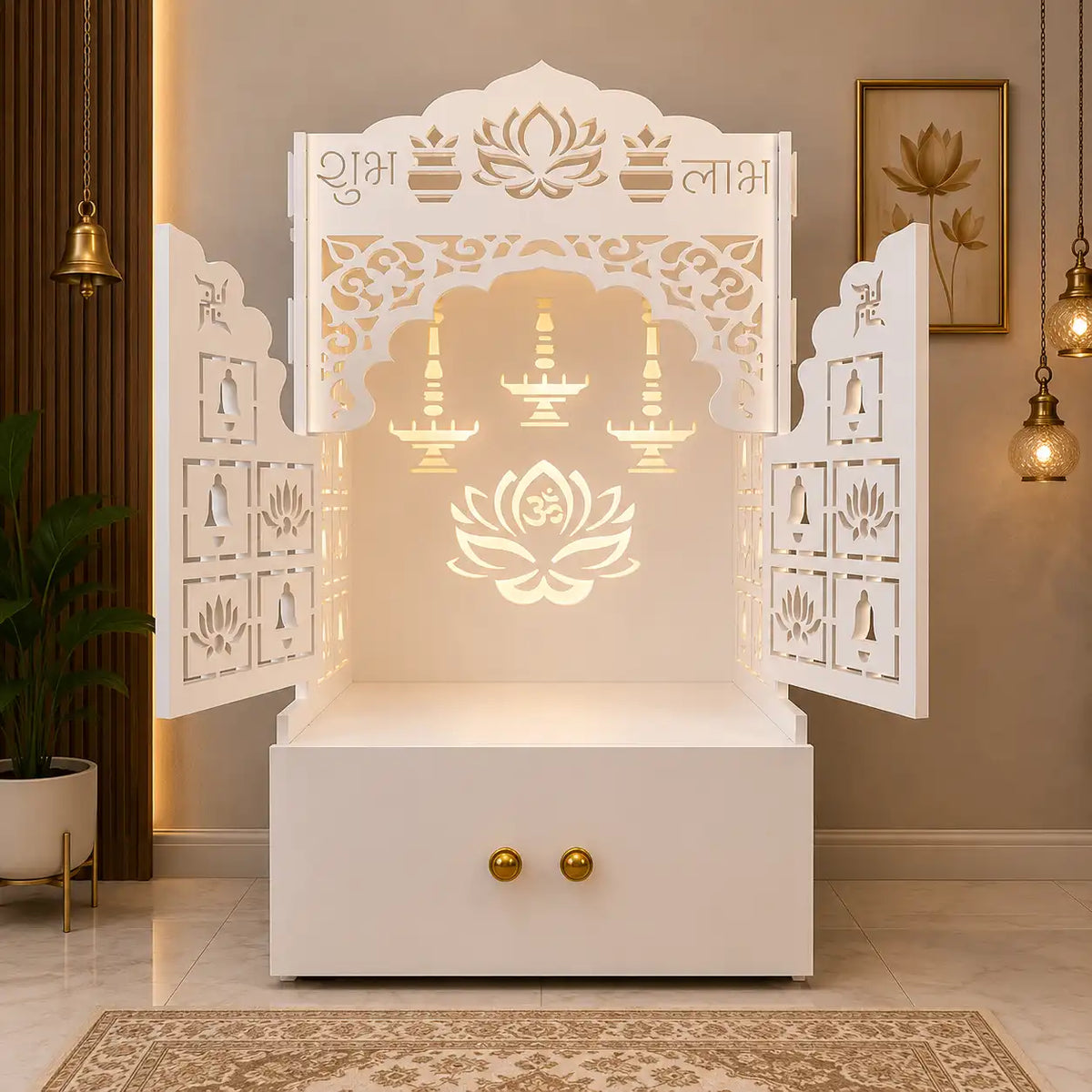 White Wooden Floor Pooja Mandir with Laser-Cut Lotus Om Design, Shubh Labh Motif, Bell Pattern Doors With Cabinet