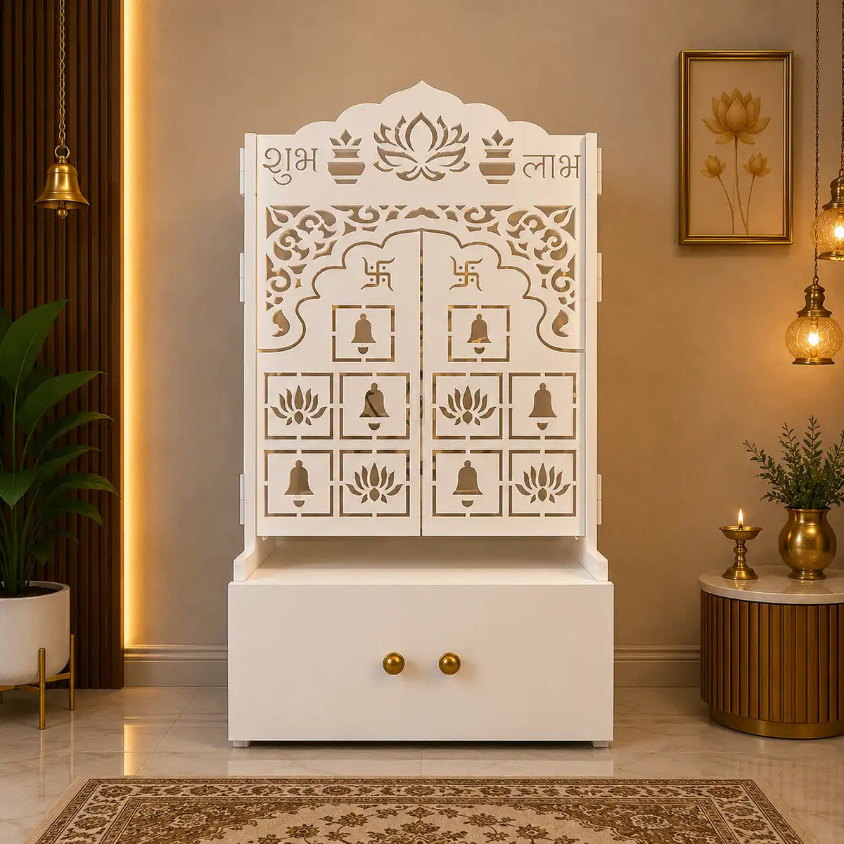 White Wooden Floor Pooja Mandir with Laser-Cut Lotus Om Design, Shubh Labh Motif, Bell Pattern Doors With Cabinet