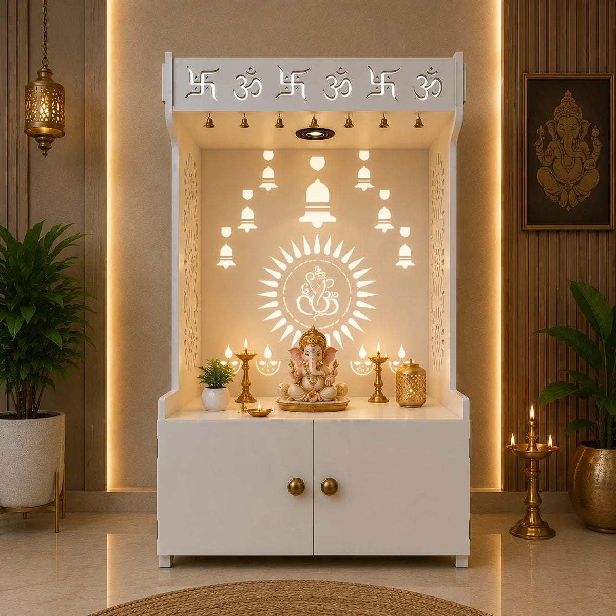 White Wooden Floor Pooja Mandir with Om & Swastik Design Ganesh Laser-Cut Back Panel Bell Motifs & Storage Cabinet