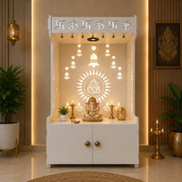 White Wooden Floor Pooja Mandir with Om & Swastik Design Ganesh Laser-Cut Back Panel Bell Motifs & Storage Cabinet