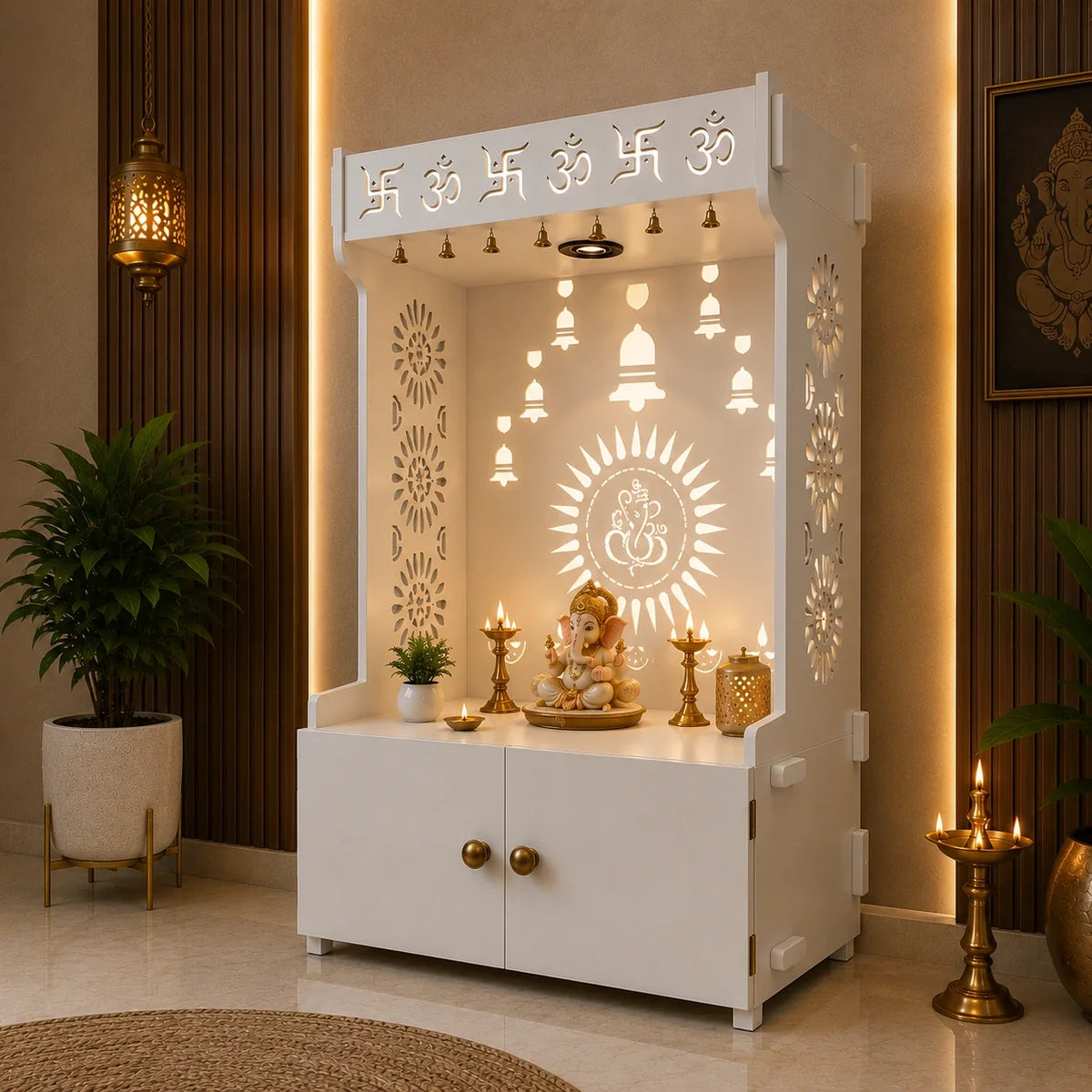 White Wooden Floor Pooja Mandir with Om & Swastik Design Ganesh Laser-Cut Back Panel Bell Motifs & Storage Cabinet