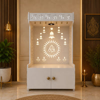 White Wooden Floor Pooja Mandir with Om & Swastik Design Ganesh Laser-Cut Back Panel Bell Motifs & Storage Cabinet