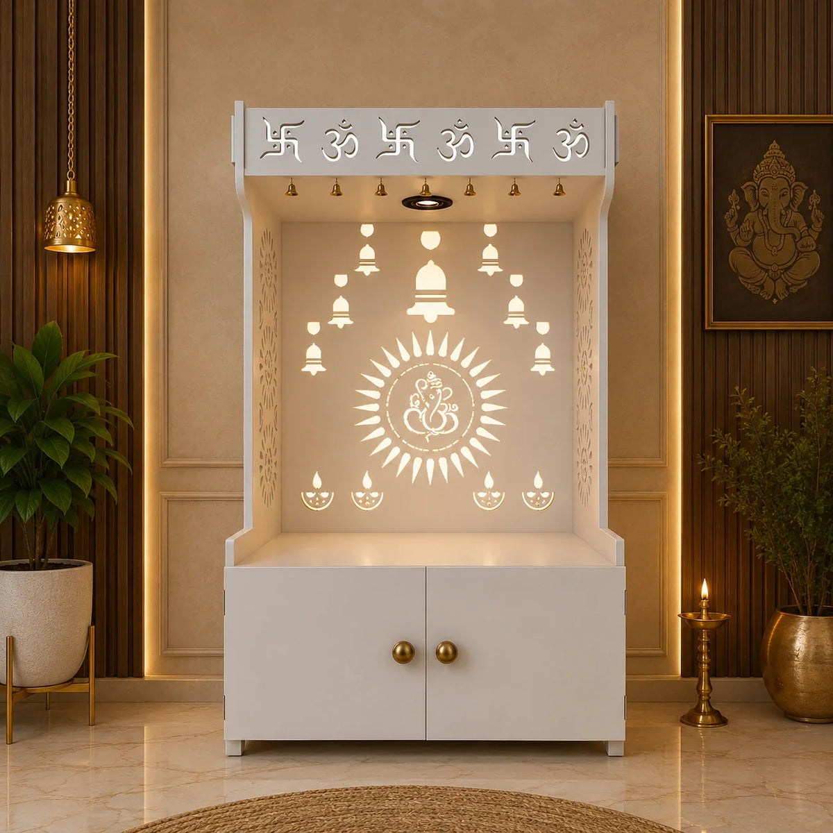 White Wooden Floor Pooja Mandir with Om & Swastik Design Ganesh Laser-Cut Back Panel Bell Motifs & Storage Cabinet