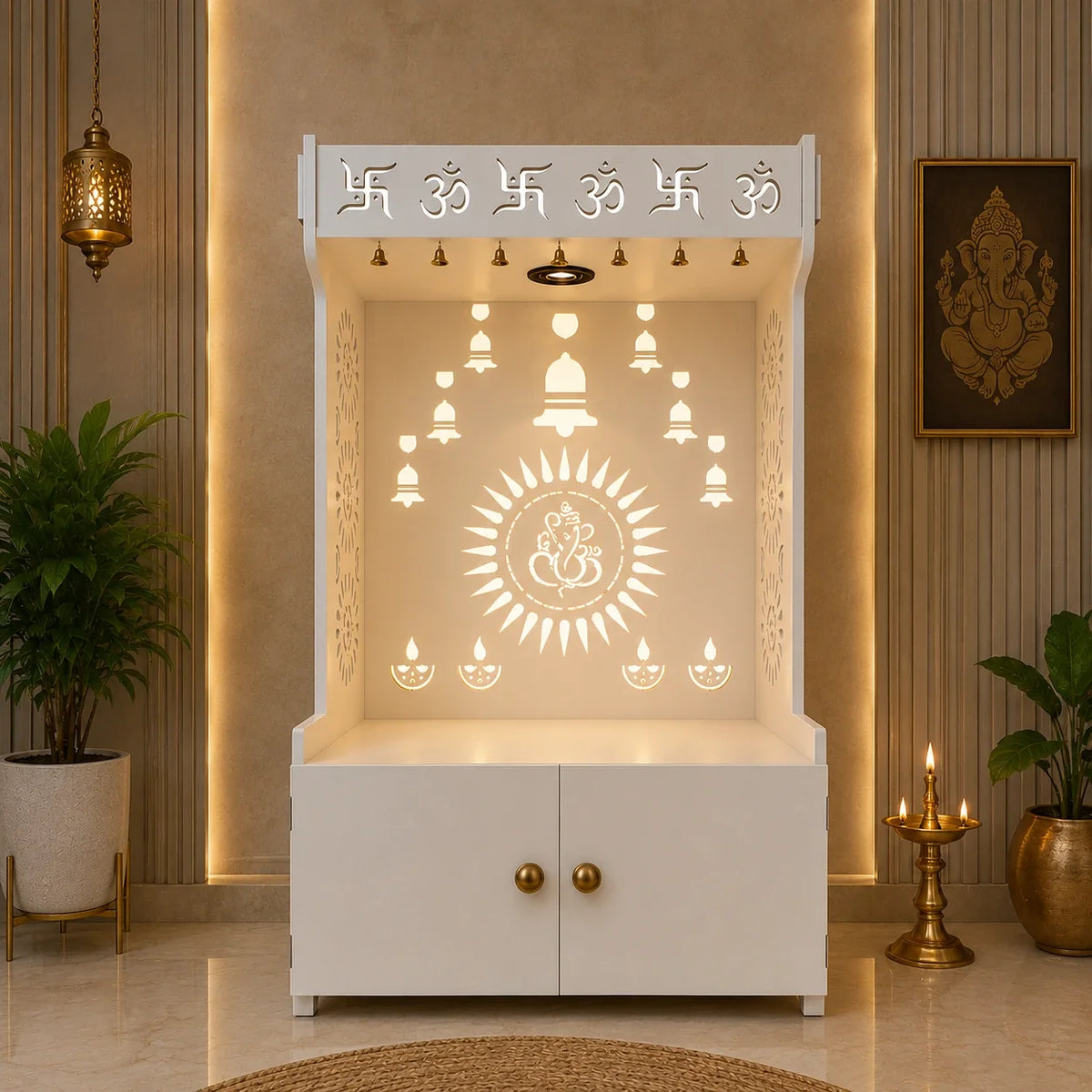 White Wooden Floor Pooja Mandir with Om & Swastik Design Ganesh Laser-Cut Back Panel Bell Motifs & Storage Cabinet
