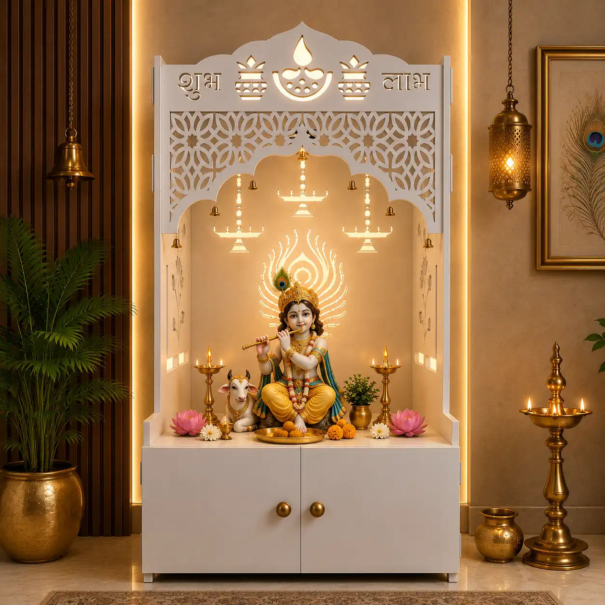 White Wooden Floor Pooja Mandir with Shubh Labh Design Floral & Peacock Feather Motifs Laser-Cut Panels & Storage Cabinet