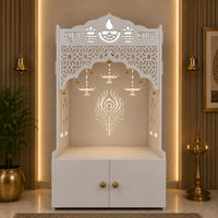 White Wooden Floor Pooja Mandir with Shubh Labh Design Floral & Peacock Feather Motifs Laser-Cut Panels & Storage Cabinet