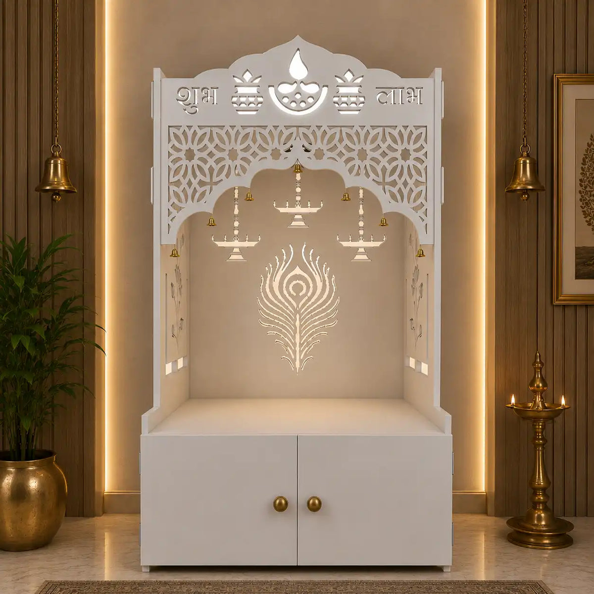 White Wooden Floor Pooja Mandir with Shubh Labh Design Floral & Peacock Feather Motifs Laser-Cut Panels & Storage Cabinet