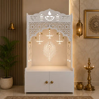 White Wooden Floor Pooja Mandir with Shubh Labh Design Floral & Peacock Feather Motifs Laser-Cut Panels & Storage Cabinet