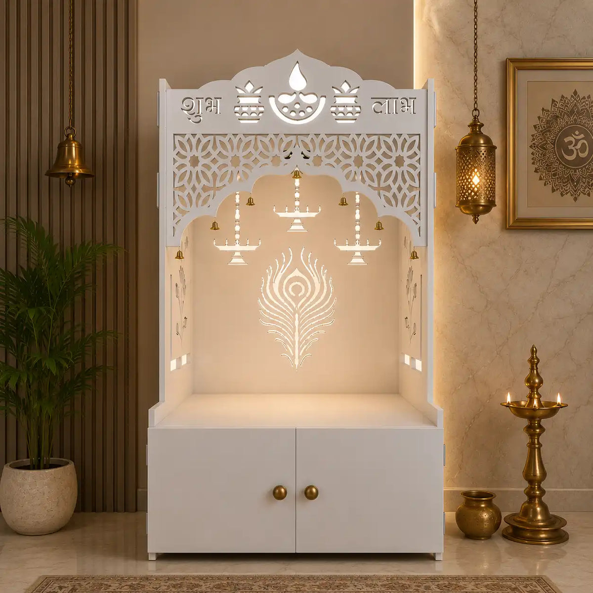 White Wooden Floor Pooja Mandir with Shubh Labh Design Floral & Peacock Feather Motifs Laser-Cut Panels & Storage Cabinet