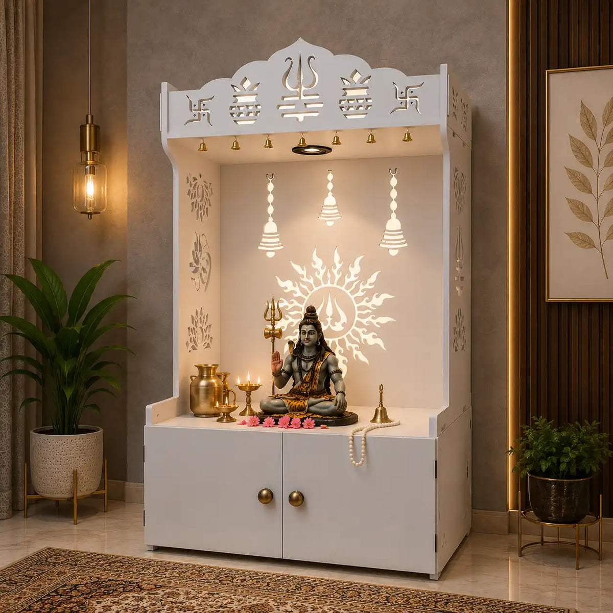 White Wooden Floor Pooja Mandir with Trishul & Kalash Design Laser-Cut Bell & Lotus Motifs & Storage Cabinet
