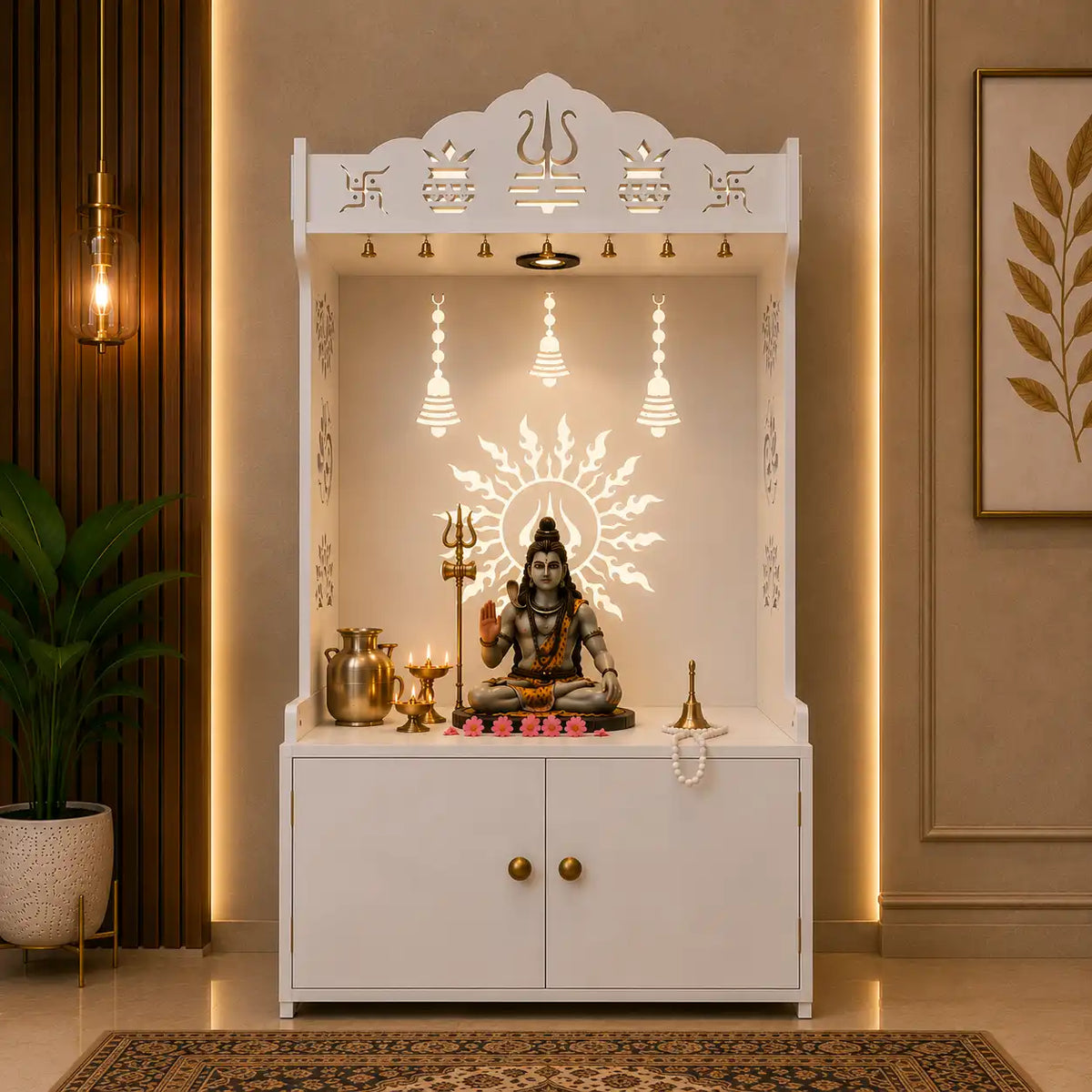 White Wooden Floor Pooja Mandir with Trishul & Kalash Design Laser-Cut Bell & Lotus Motifs & Storage Cabinet