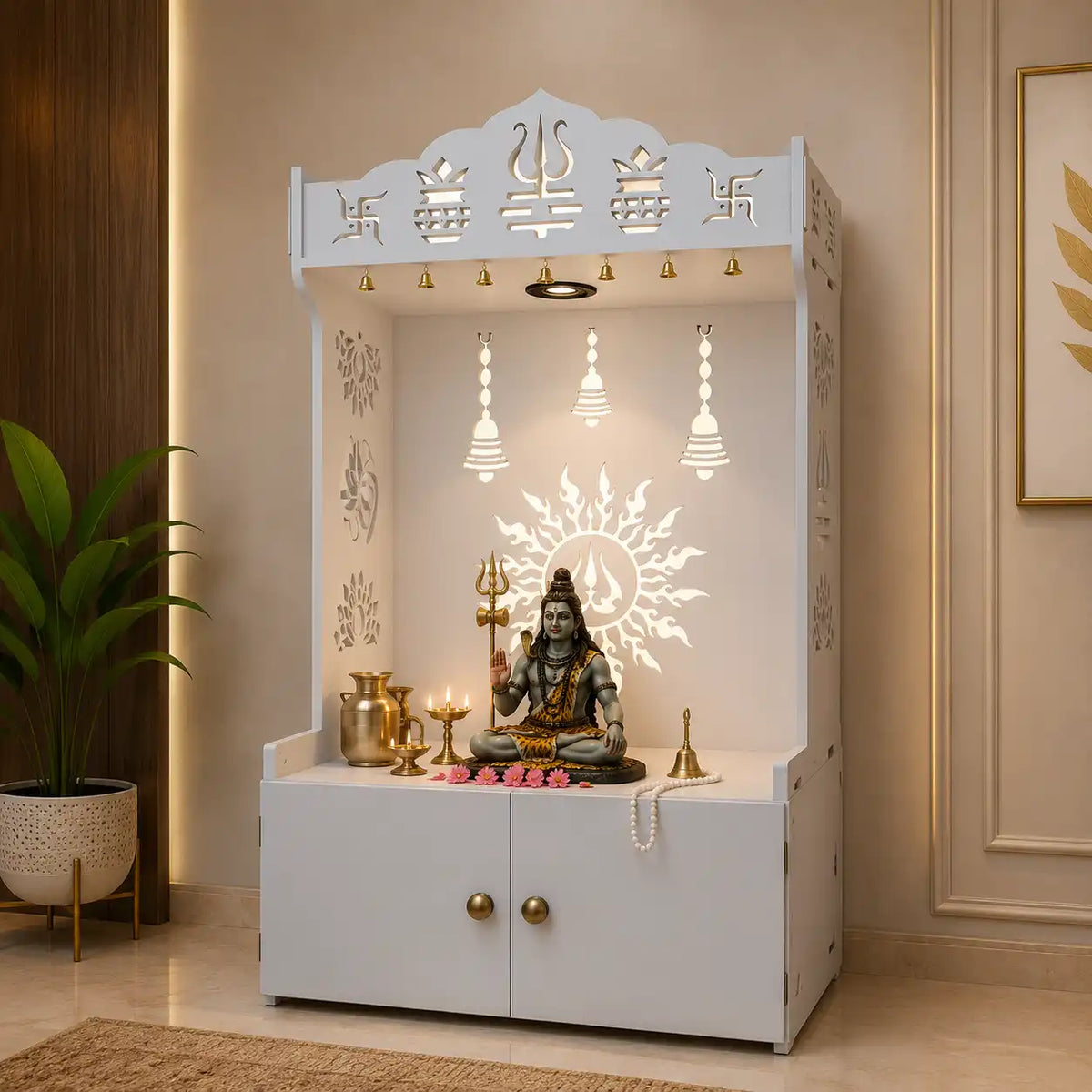 White Wooden Floor Pooja Mandir with Trishul & Kalash Design Laser-Cut Bell & Lotus Motifs & Storage Cabinet