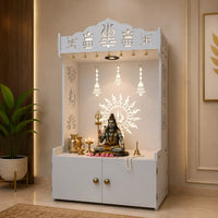 White Wooden Floor Pooja Mandir with Trishul & Kalash Design Laser-Cut Bell & Lotus Motifs & Storage Cabinet