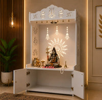 White Wooden Floor Pooja Mandir with Trishul & Kalash Design Laser-Cut Bell & Lotus Motifs & Storage Cabinet
