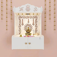 White Wooden Wall Mounted Temple with Engraved Om & Swastik Design Pooja Mandir for Home
