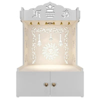 White Wooden Wall Mounted Temple with Engraved Om & Swastik Design Pooja Mandir for Home