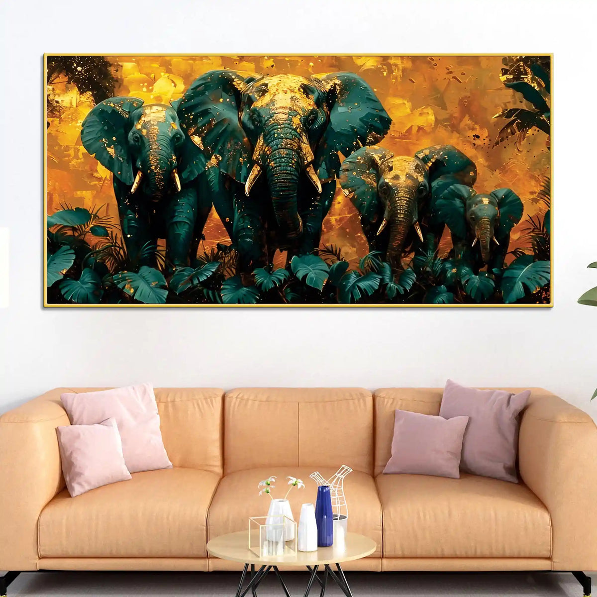Wildlife Elephant with Gold Splash Effect Canvas Wall Painting