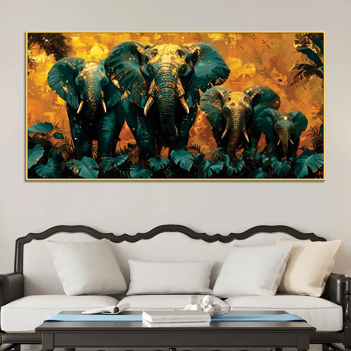 Wildlife Elephant with Gold Splash Effect Canvas Wall Painting