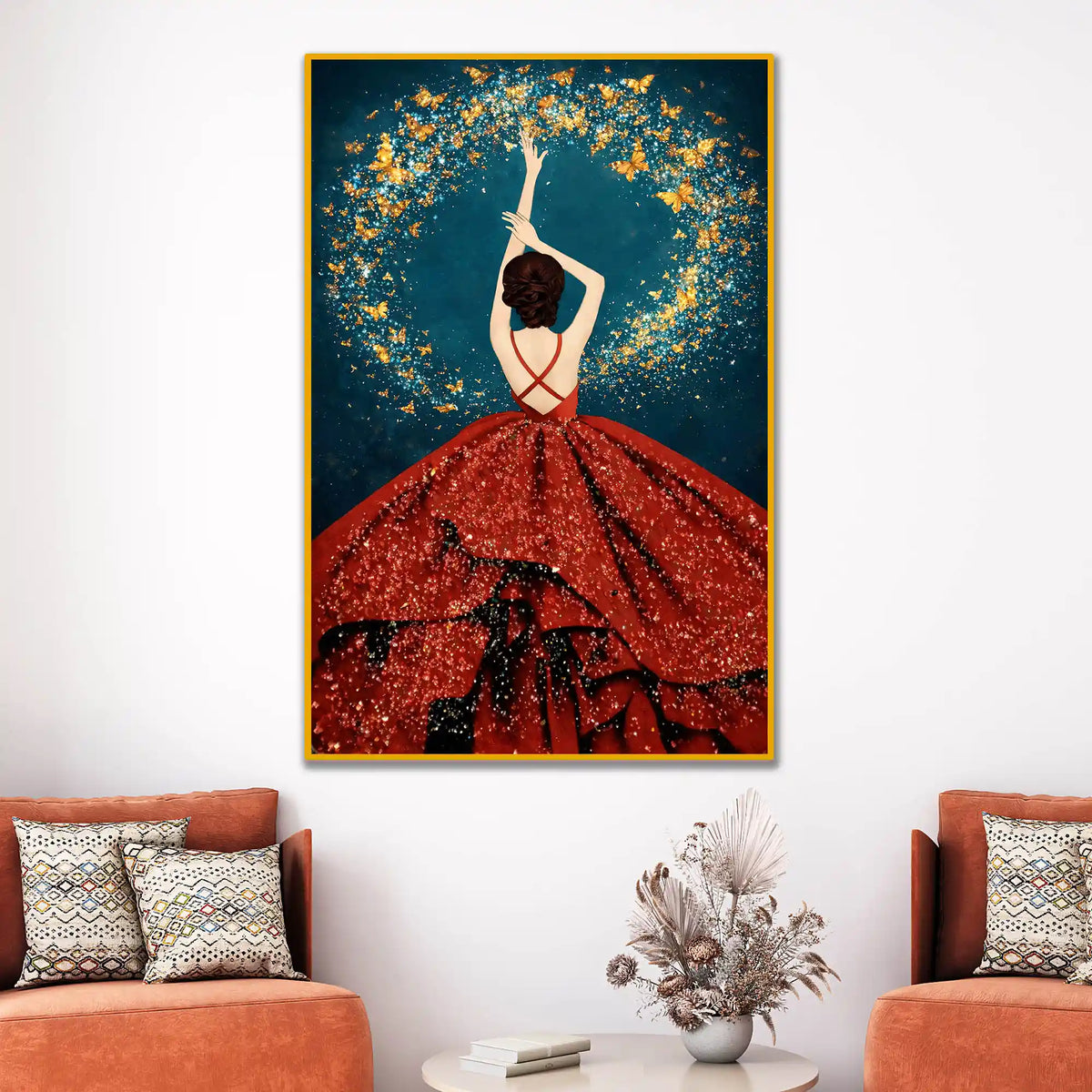 Woman in Red Dress Floating Frame Crystal Wall Painting