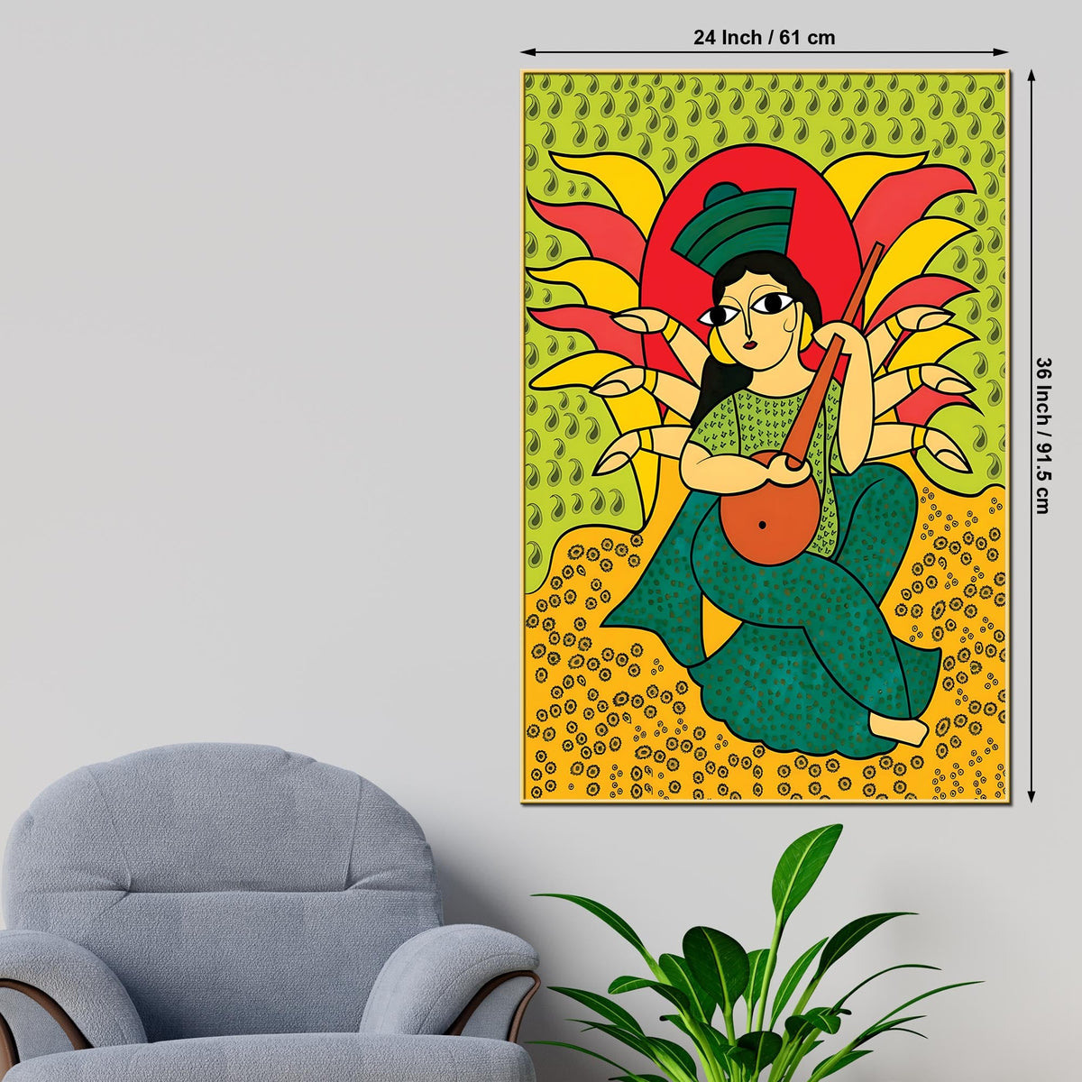 Woman Playing Veena Canvas Painting | Indian Home Wall Art