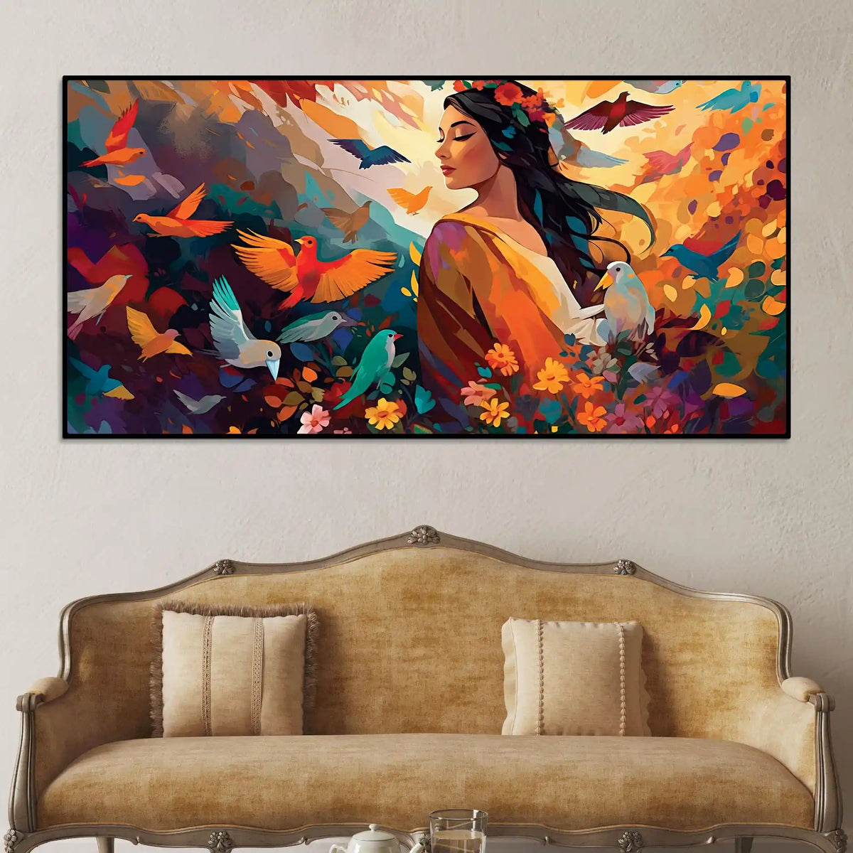 Woman Surrounded by Birds in a Garden of Color and Freedom Abstract Canvas Wall Painting