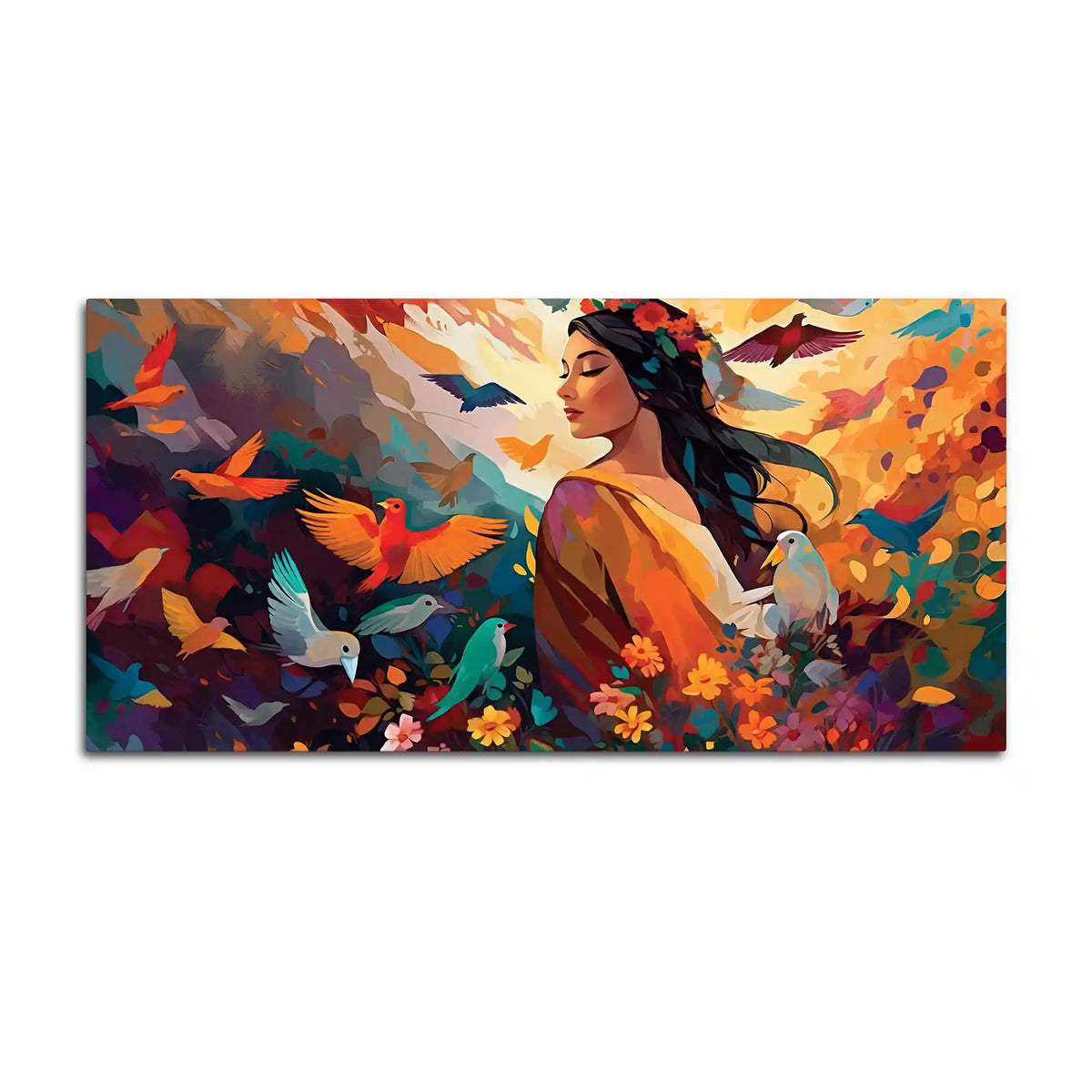 Woman Surrounded by Birds in a Garden of Color and Freedom Abstract Canvas Wall Painting