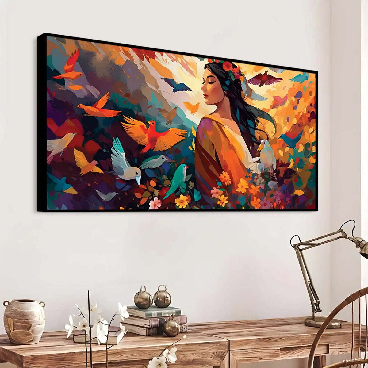 Woman Surrounded by Birds in a Garden of Color and Freedom Abstract Canvas Wall Painting