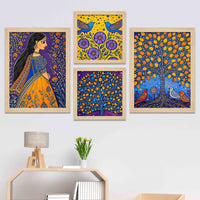 Woman & Tree of Life Indian Folk Art Wall Frame Set of Four