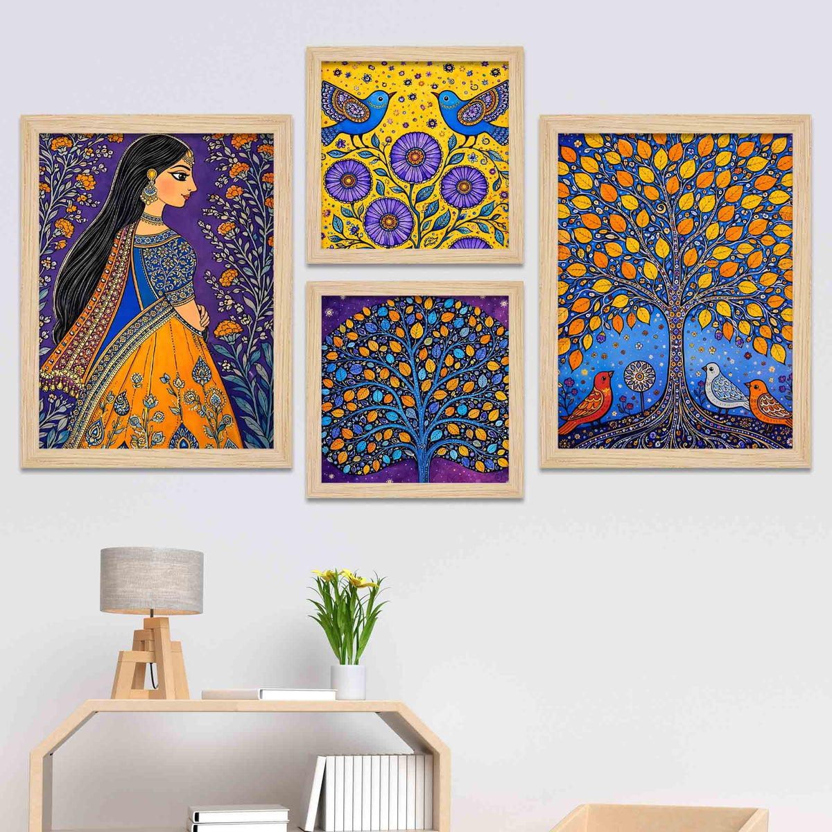 Woman & Tree of Life Indian Folk Art Wall Frame Set of Four