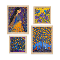 Woman & Tree of Life Indian Folk Art Wall Frame Set of Four