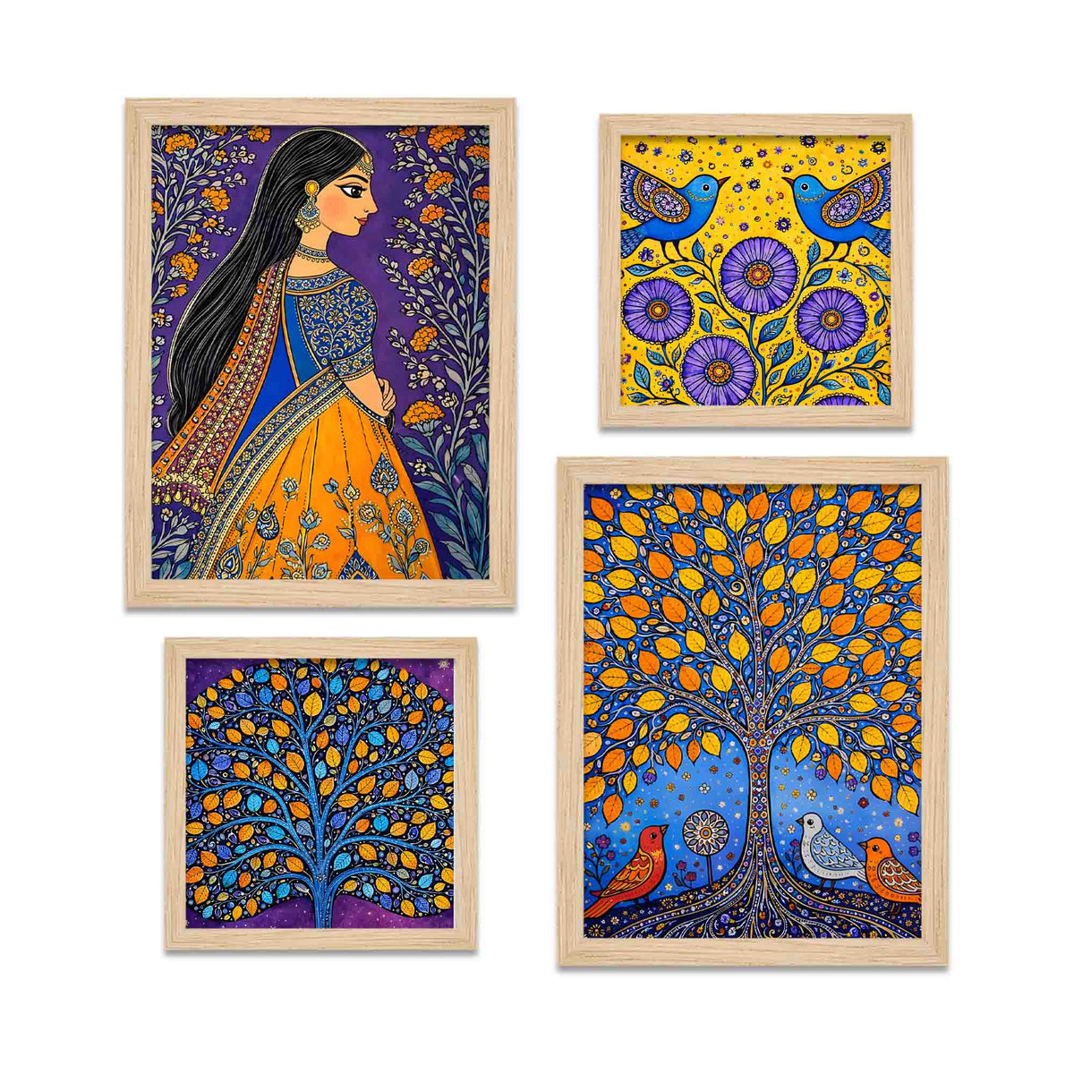 Woman & Tree of Life Indian Folk Art Wall Frame Set of Four