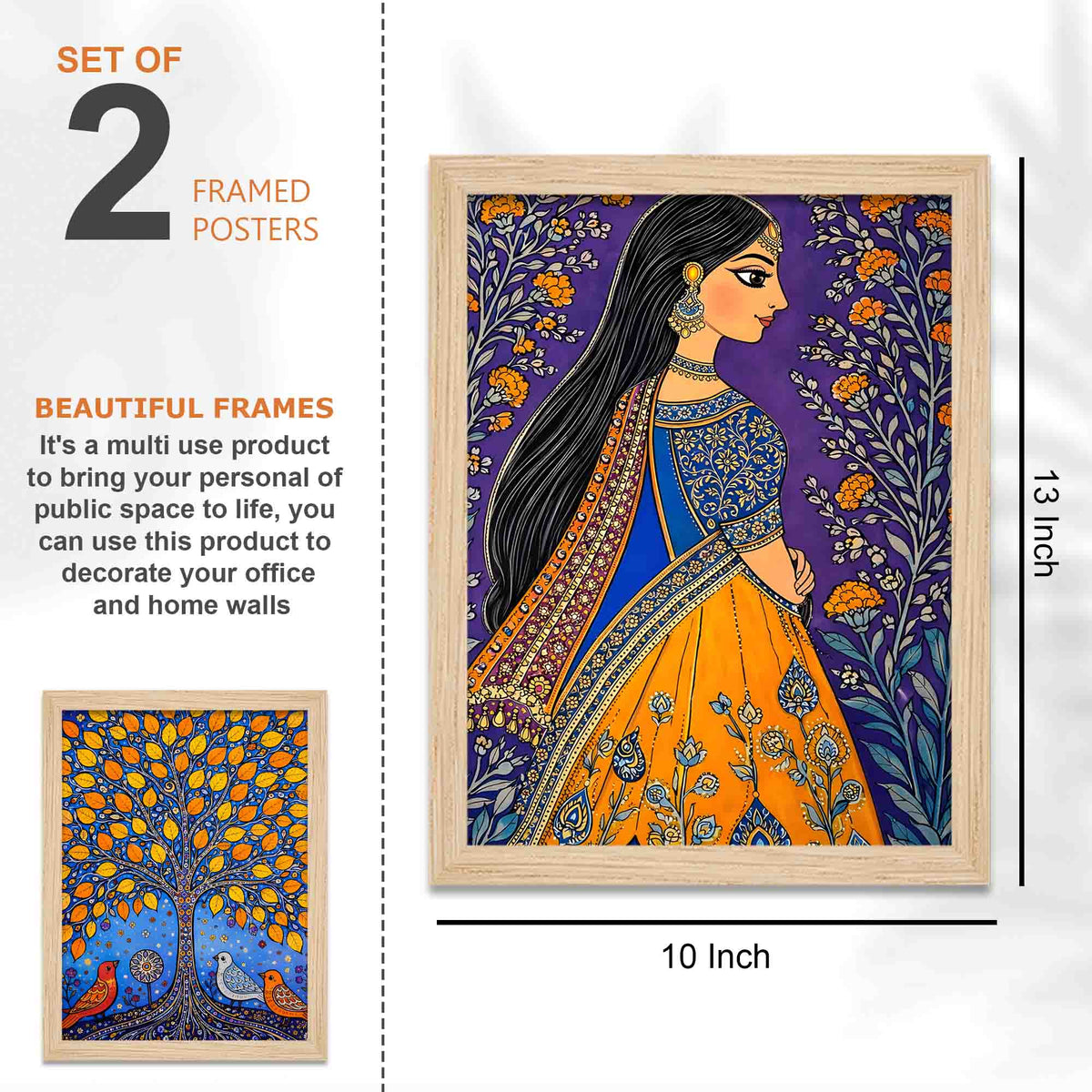 Woman & Tree of Life Indian Folk Art Wall Frame Set of Four