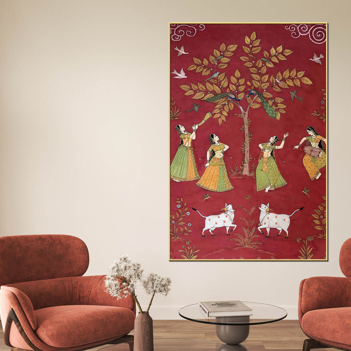 Women Dancing with Cow & Peacock Pichwai Style Canvas Wall Painting