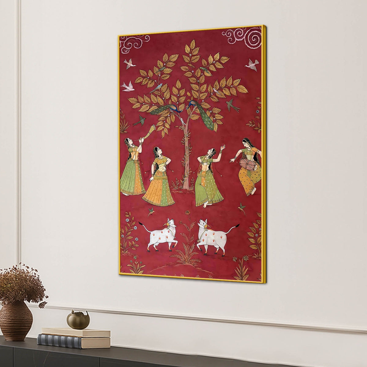 Women Dancing with Cow & Peacock Pichwai Style Canvas Wall Painting