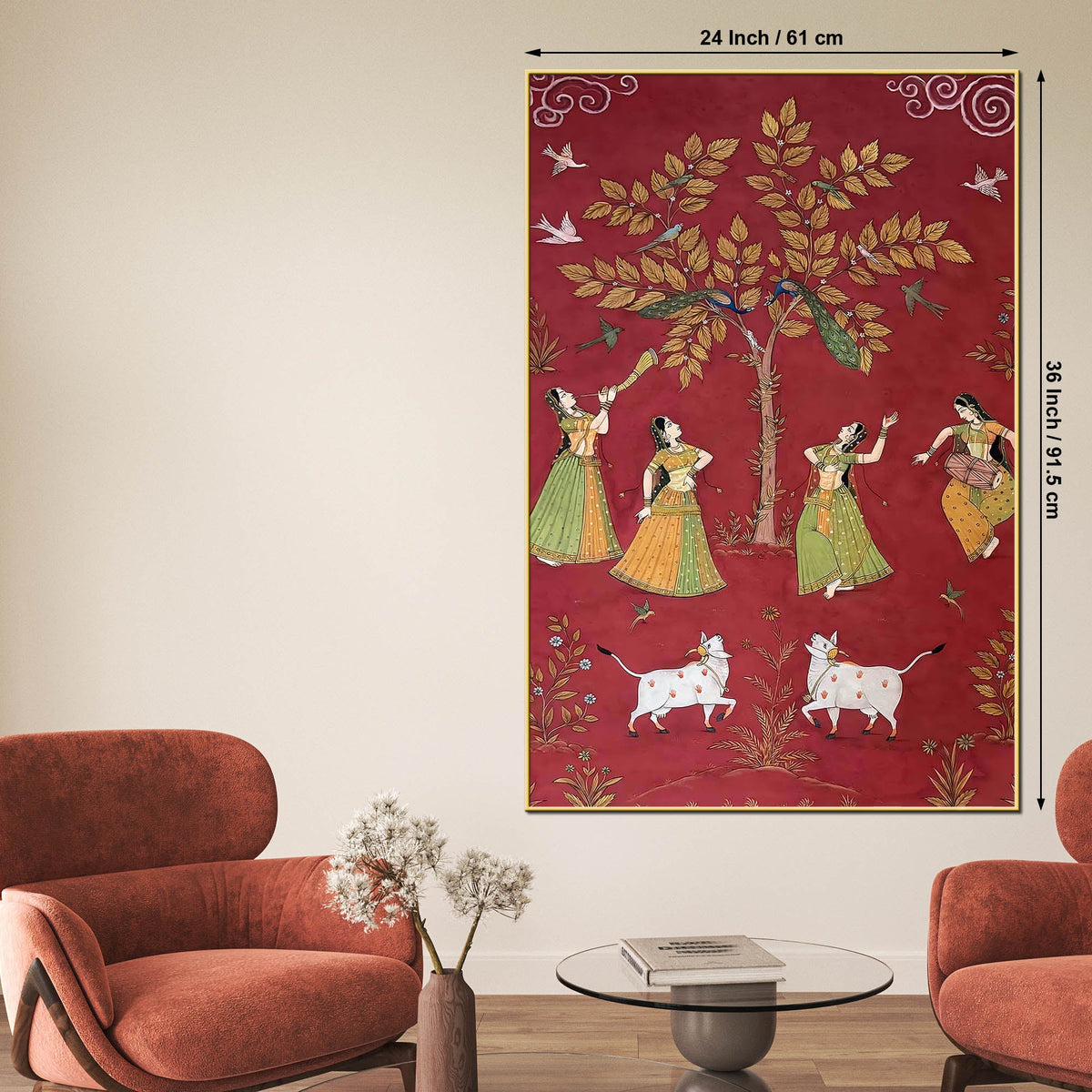 Women Dancing with Cow & Peacock Pichwai Style Canvas Wall Painting