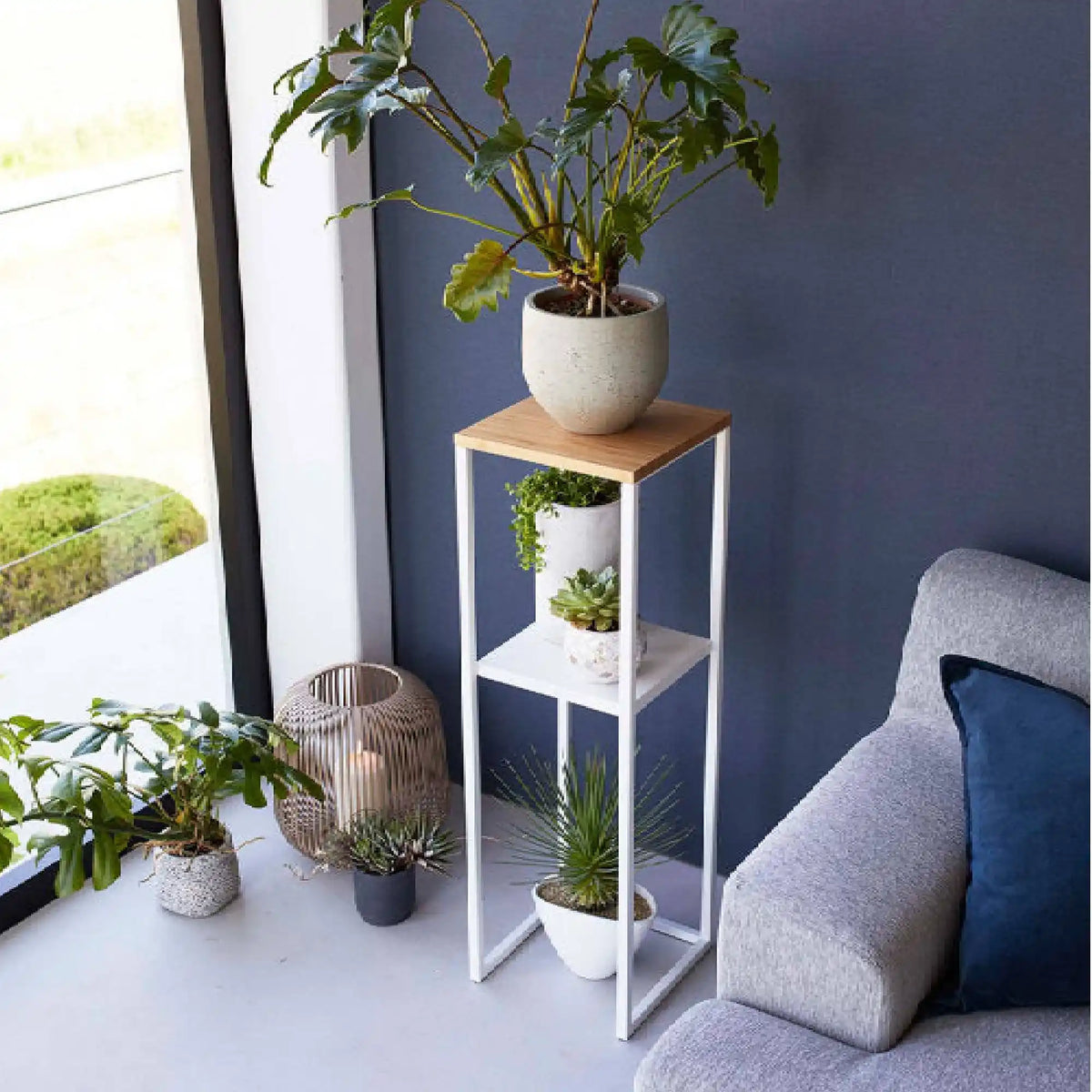Wood Pedestal 2-Tier Square Shape White Stand End Side Table