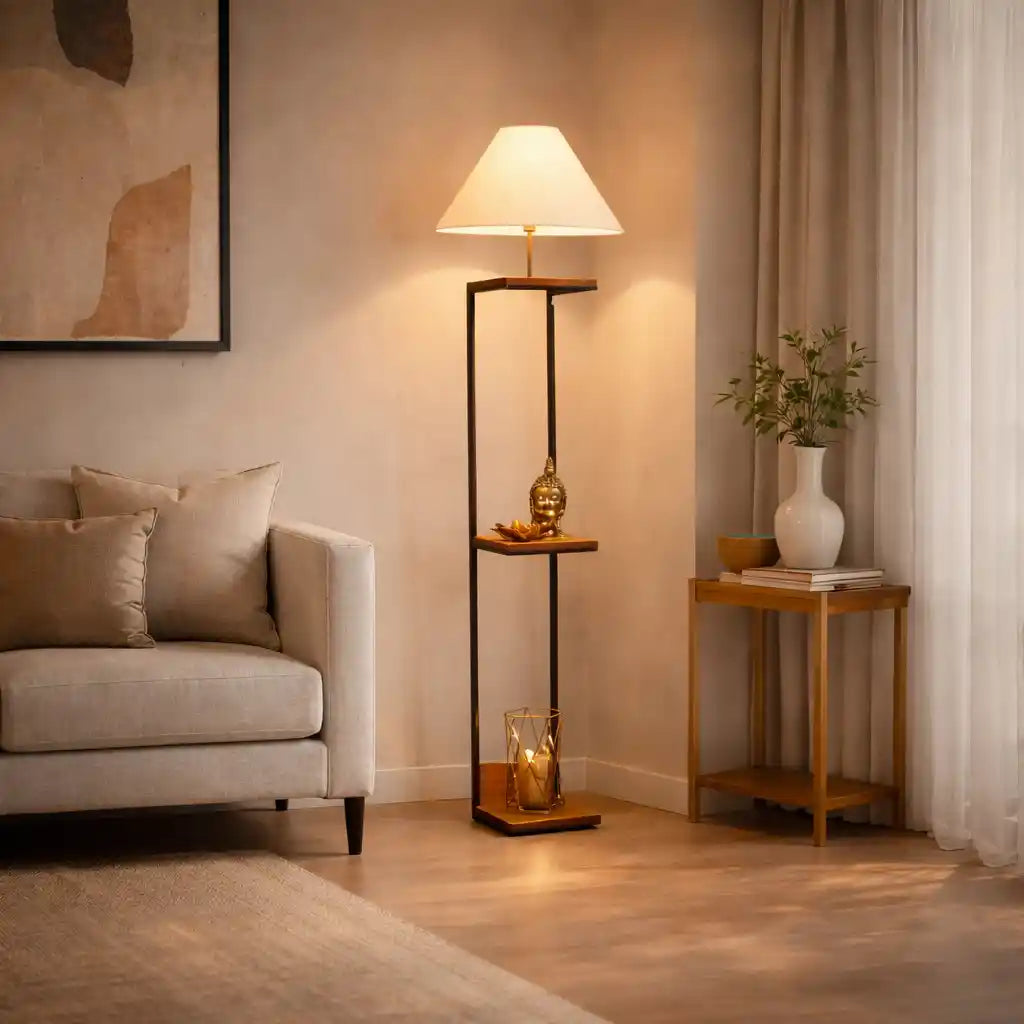 Wooden Aesthetic Floor Lamp With Shelve For Living Room, Bedroom
