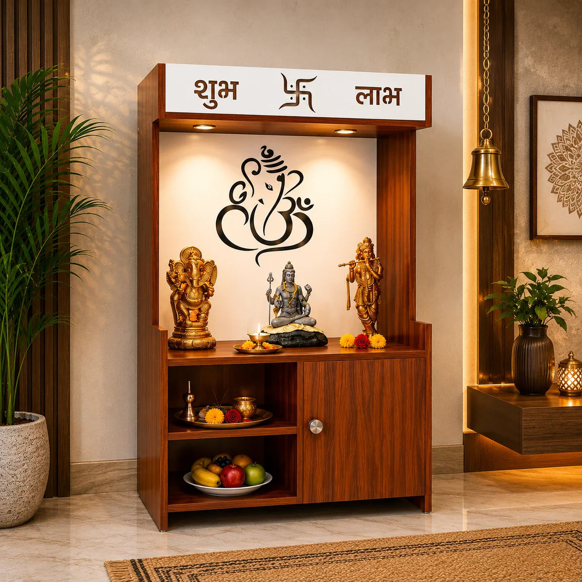 Wooden Floor Pooja Mandir with Ganesh Om Back Panel Shubh Labh Top Design & Cabinet
