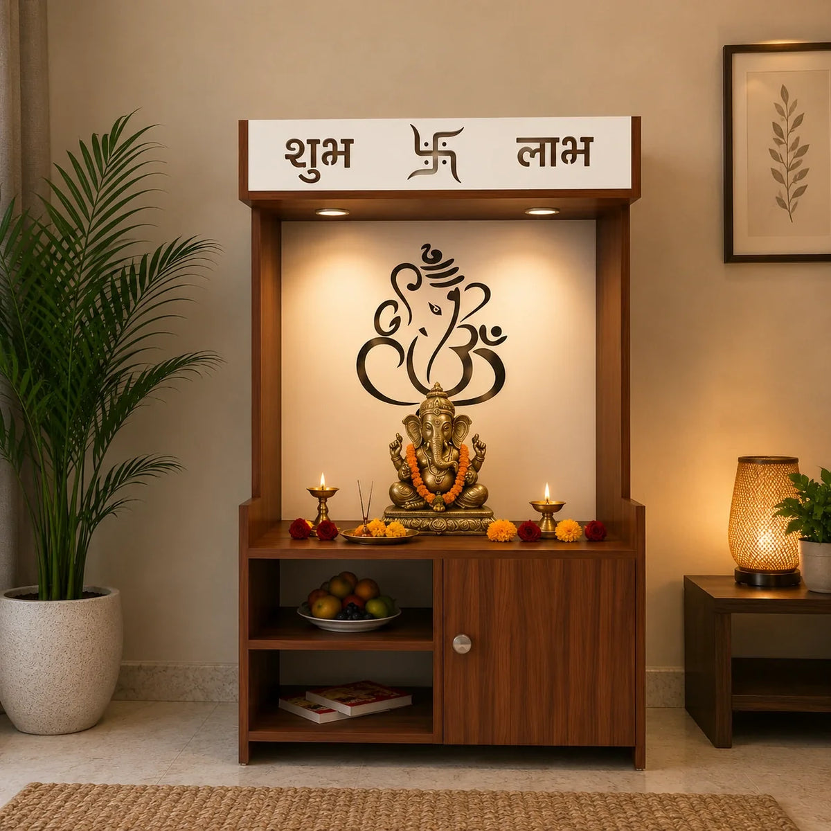 Wooden Floor Pooja Mandir with Ganesh Om Back Panel Shubh Labh Top Design & Cabinet