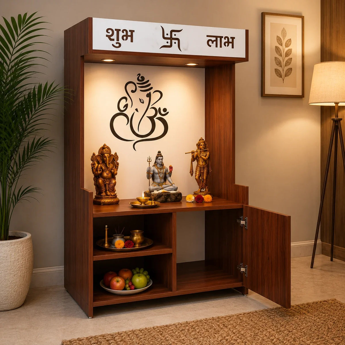 Wooden Floor Pooja Mandir with Ganesh Om Back Panel Shubh Labh Top Design & Cabinet