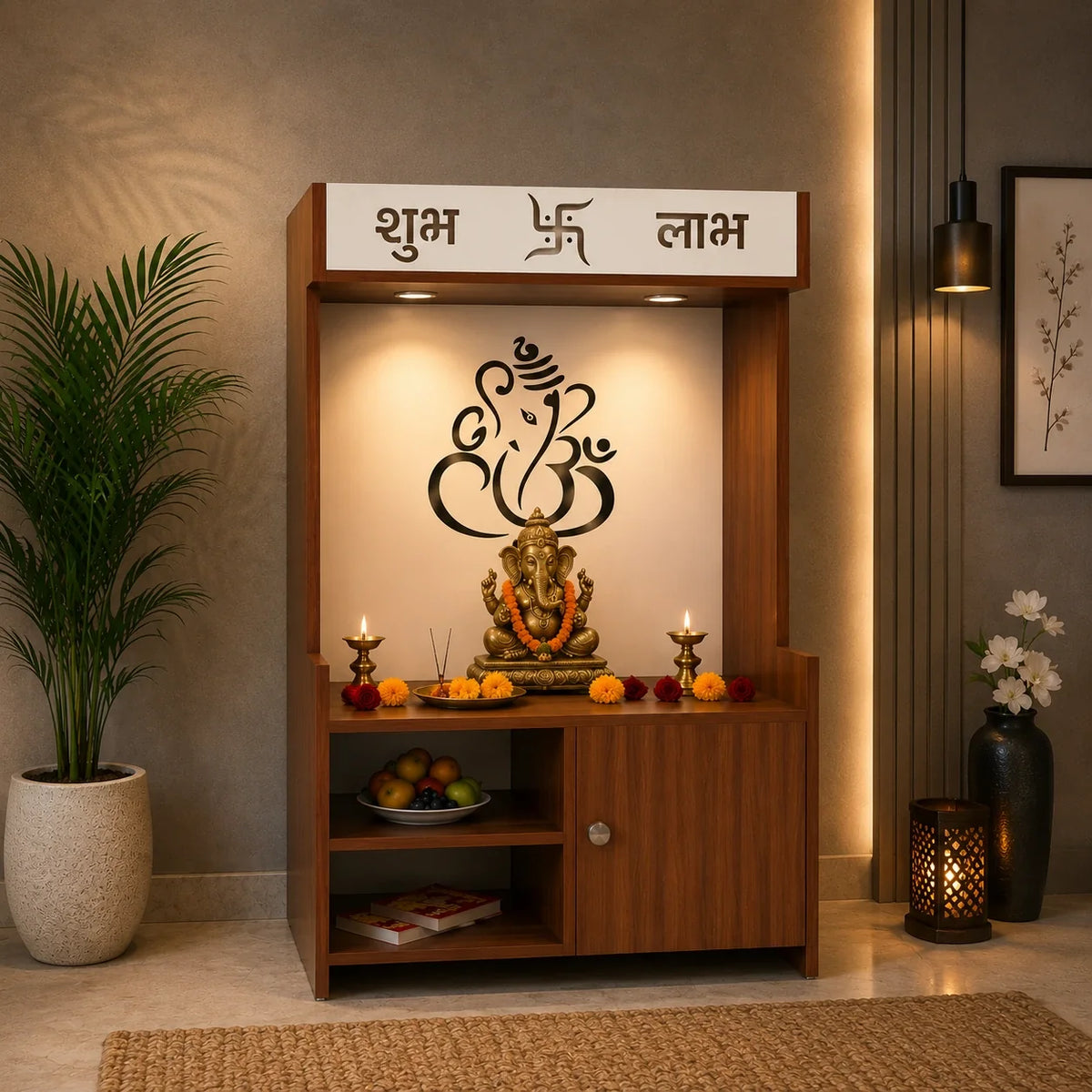 Wooden Floor Pooja Mandir with Ganesh Om Back Panel Shubh Labh Top Design & Cabinet