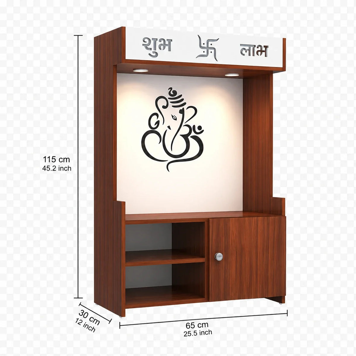 Wooden Floor Pooja Mandir with Ganesh Om Back Panel Shubh Labh Top Design & Cabinet